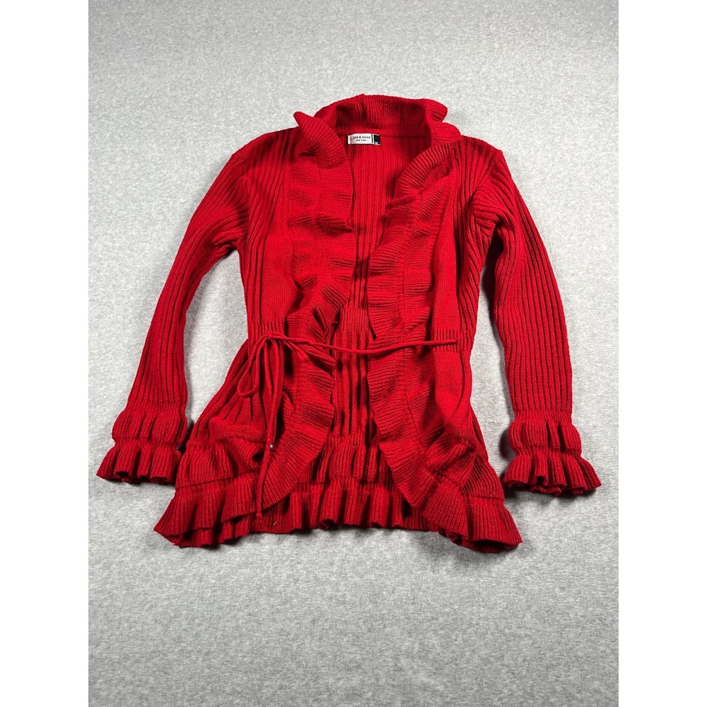 Y2K Ruffle Cardigan Women M Red Tie Waist Ribbed Knit Fairy Romantic Coquette